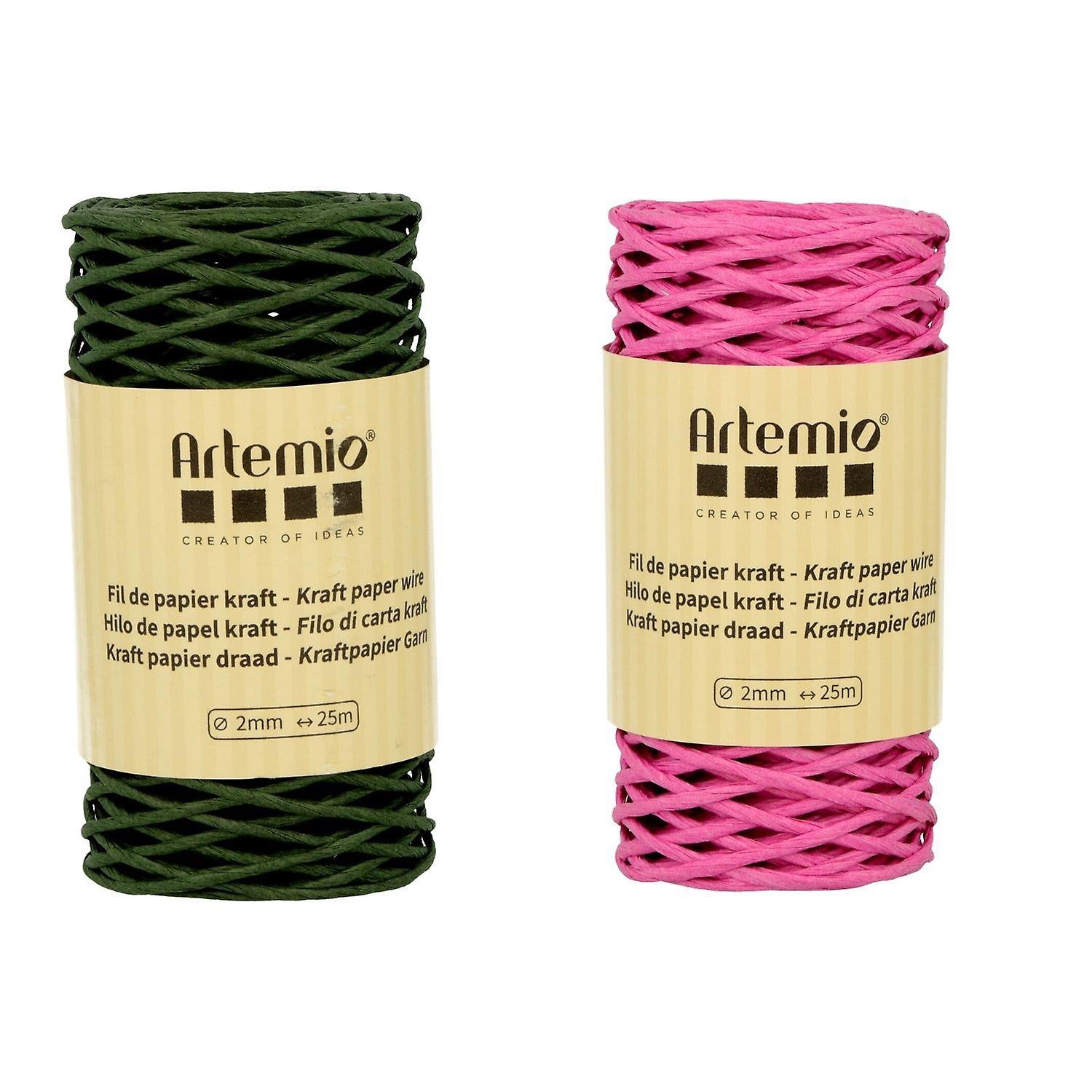 2 spools of bottle green / fuschia kraft yarn