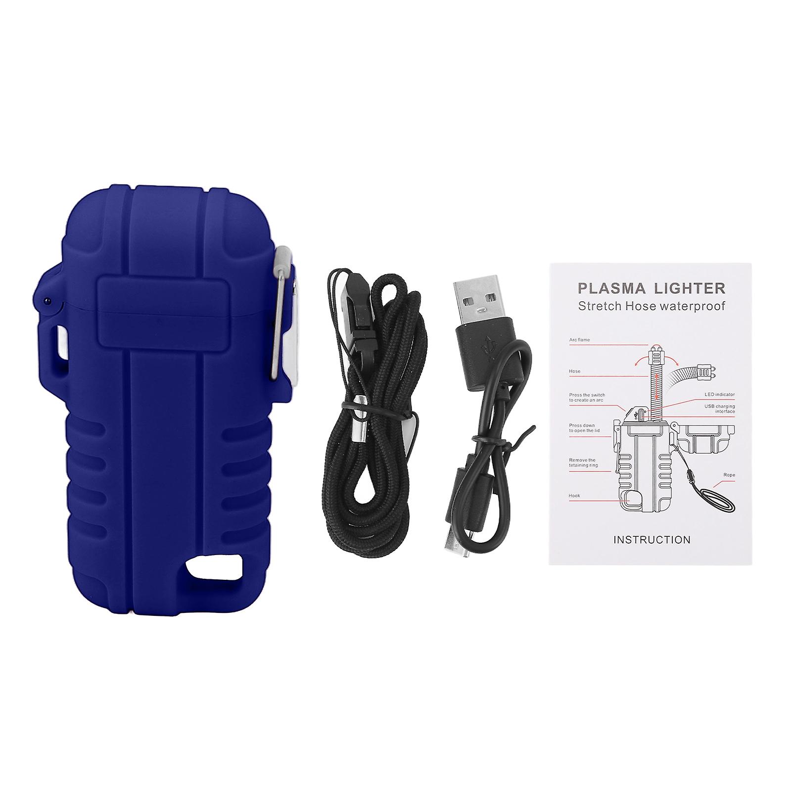 USB Rechargeable Lighter Windproof Dual Arc Waterproof Flameless Lighter with Hanging Hole for Camping Blue