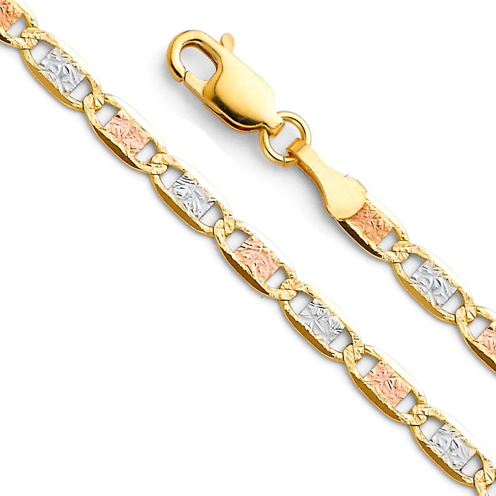 Pulseira feminina em ouro amarelo, ouro branco e ouro rosa 14k, com elos de 3,3 mm e 7,5 polegadas (19 cm) - 3,4 gramas.