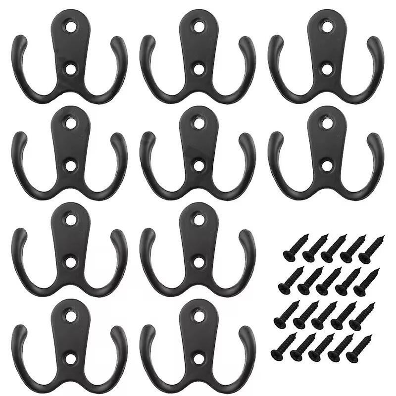 Double Prong Robe Hooks, Heavy Duty Dual Coat Hooks Retro Metal Cloth Hanger Double Robe Hooks Screw In Door Hooks(10pcs, black)