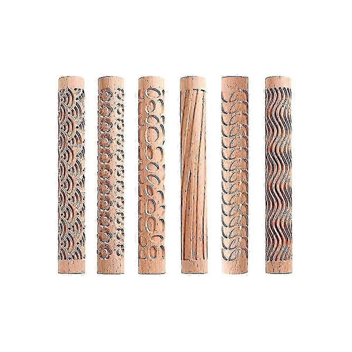 6 Wood Clay Modeling Pattern Rollers Kit, Clay Rolling Pin Textured Hand Roller Wooden Handle Pottery Tools Set