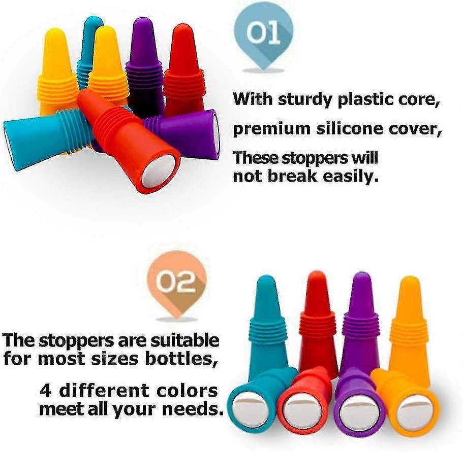 8 Pack Wine Stoppers Reusable Silicone Beverage Bottle Closure Replacement With Handle Top