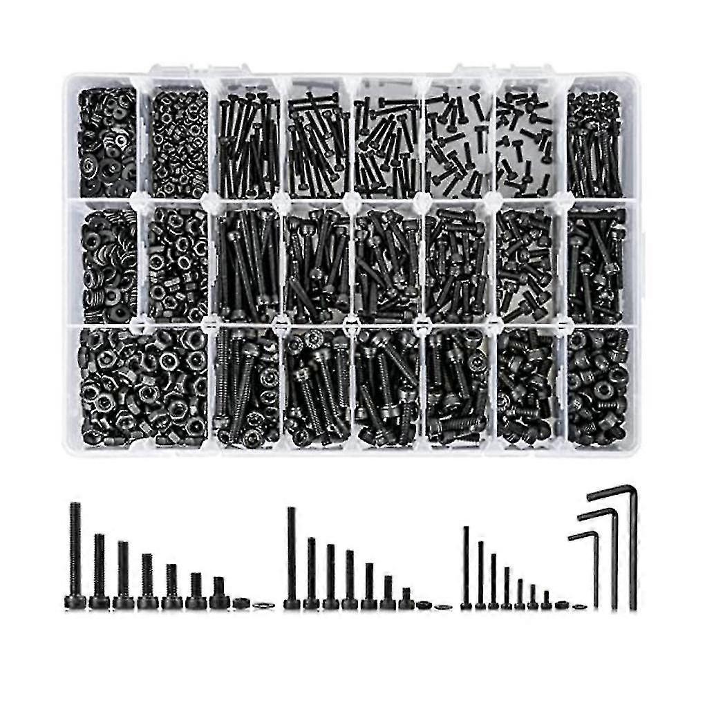 1263pcs Metric Bolt Assortment M2 , 21 Sizes Screws Nuts And Hex Socket Head Cap Machine Kit Black
