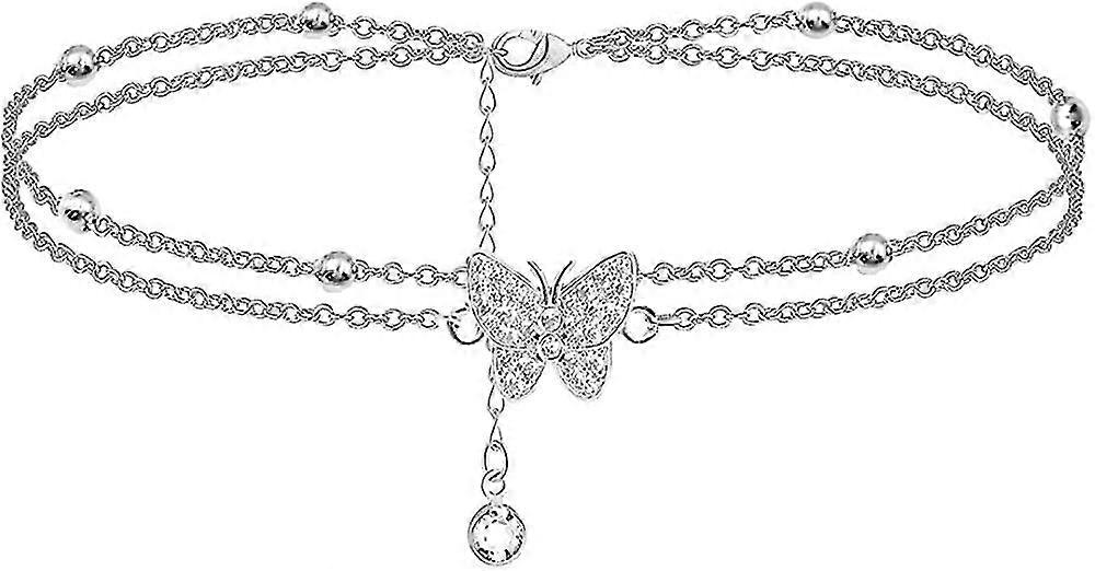 女性のための14kバタフライシルバーアンクレット - 調整可能なレイヤードレディースアンクレット - 女性のためのジュエリーアンクレットギフトティーンガールズシルバー