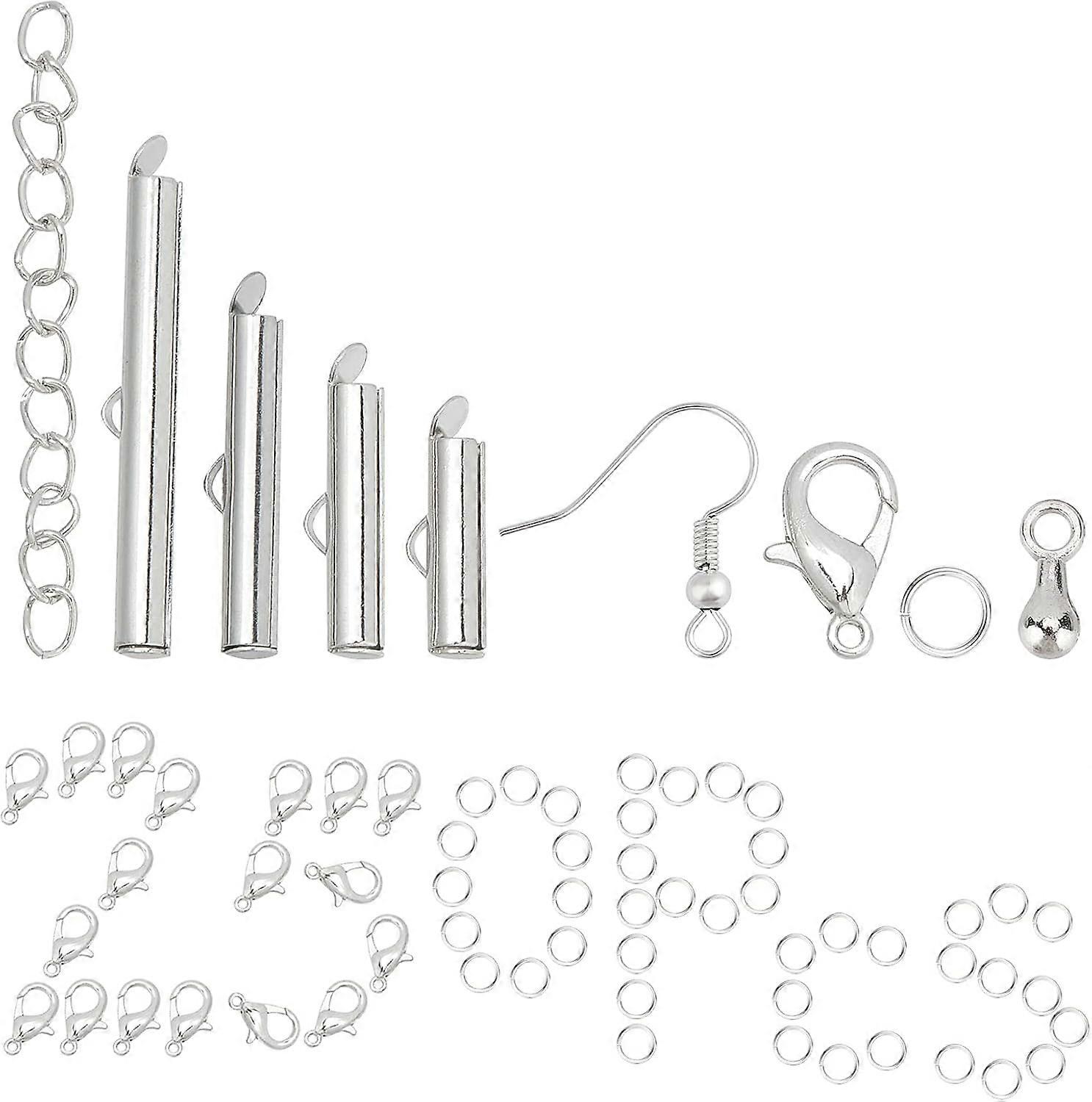 1 Box 250Pcs 4 Sizes Slide On End Clasps Brass Tubes Bar Finding Kit Metal Slider Caps Crimp Tube with Extender Chains Lobster Claw Clasps for Bracele