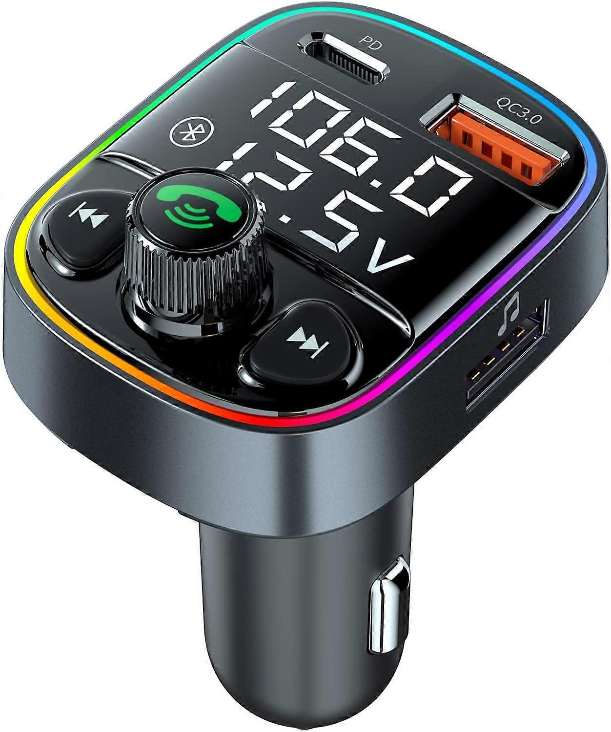 Handsfree Call Bluetooth Adapter for Car,FM Transmitter with QC3.0+PD Port Charger,7 Color LED Atmosphere Light Mp3 Audio Music Stereo Adapter Support