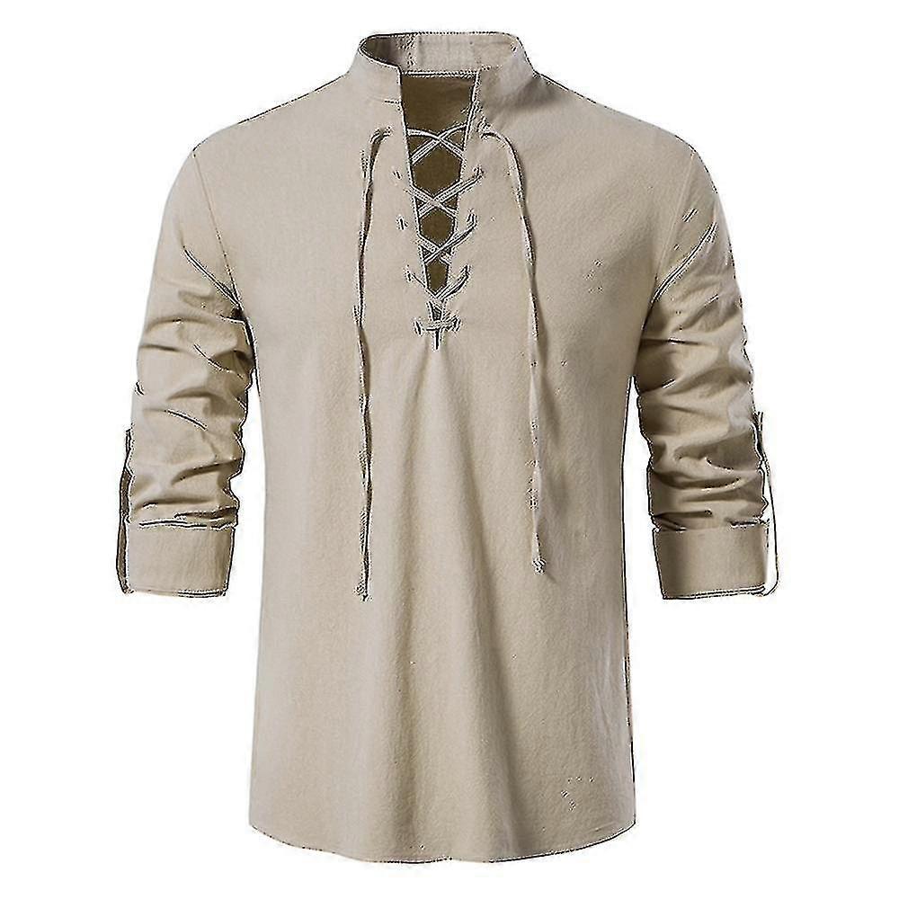 Camicia casual da uomo in cotone e lino con scollo a V e maniche lunghe