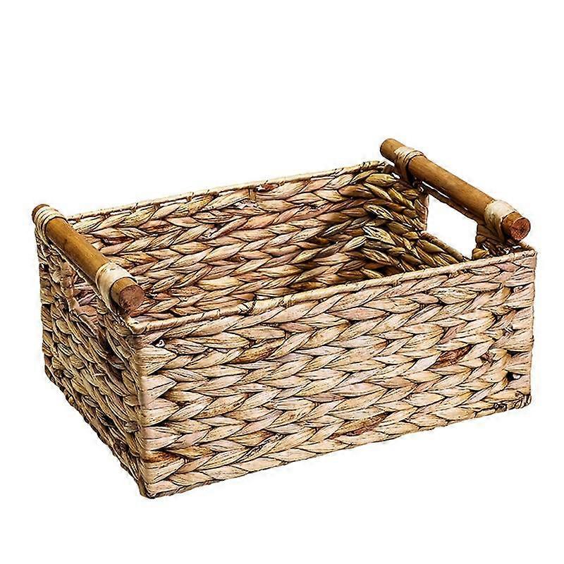 Wicker Basket Rectangular with Wooden Handles for Shelves,Water Hyacinth Basket Storage,Natural Baskets for Organizing B