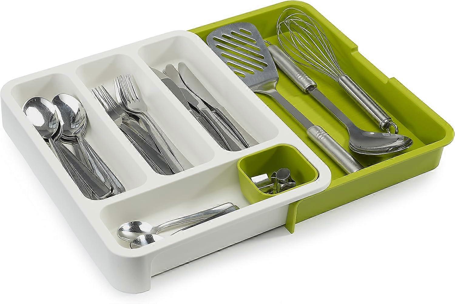 Expandable Cutlery Tray for Drawer, Adjustable Drawer Organizer - White/Green