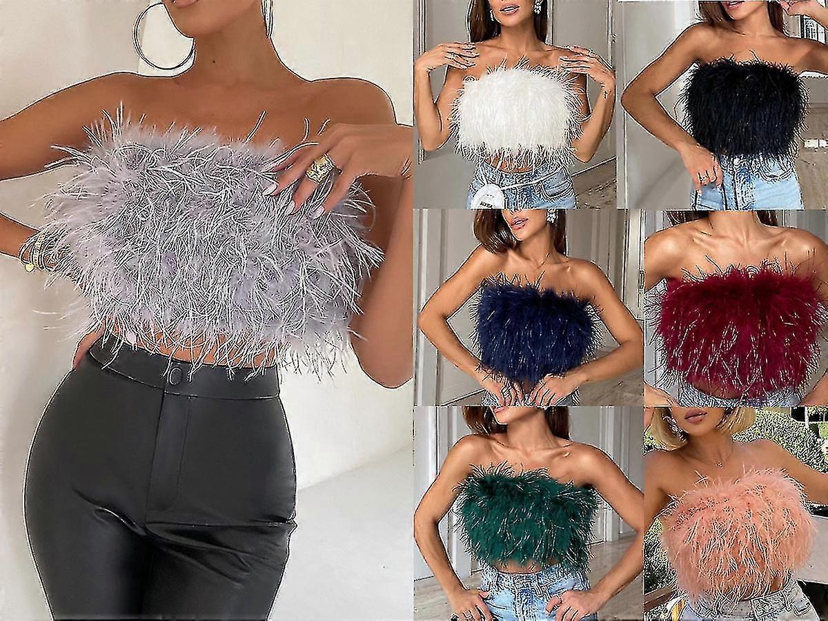 Women's Fashion Fluffy Fur Smocked Top Versatile Feather Top Clothing