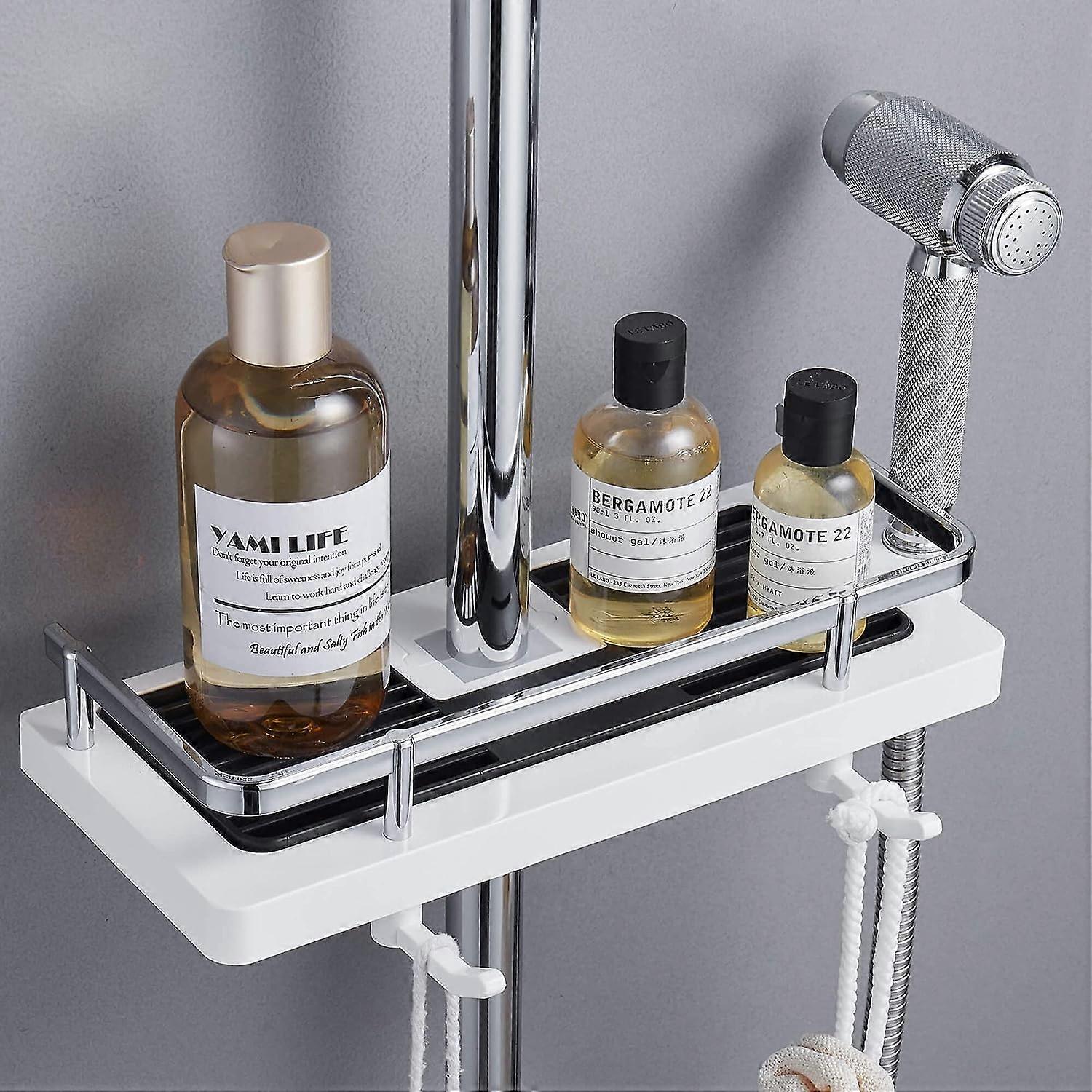 White Brackets 1 Set Shower Shelf Shower Soap Dish Shower Storage, No Drilling Self Adhesive Rustproof for Walls with Shower Soap Dish, Hooks and Towe