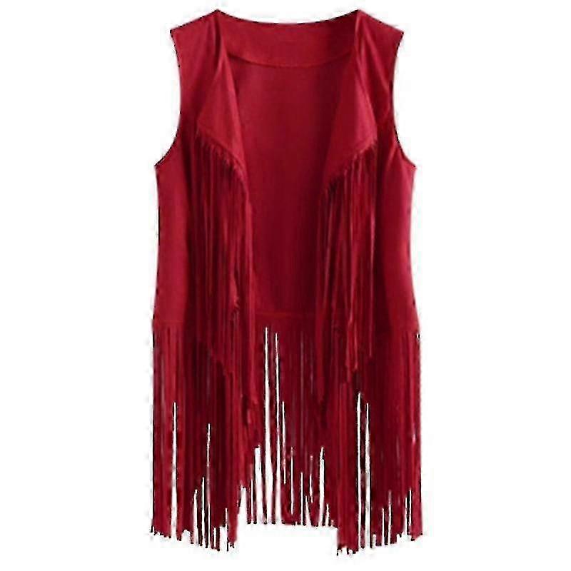 Women Faux Suede Sleeveless For Jacket Fringe Tassels 70s Hippie Open Front Cardigan VCNMR