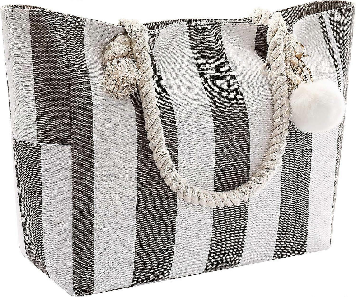 Women Large Beach Canvas Tote Bag with Zipper Pockets for Swim Pool Gym Hiking Picnic Travel