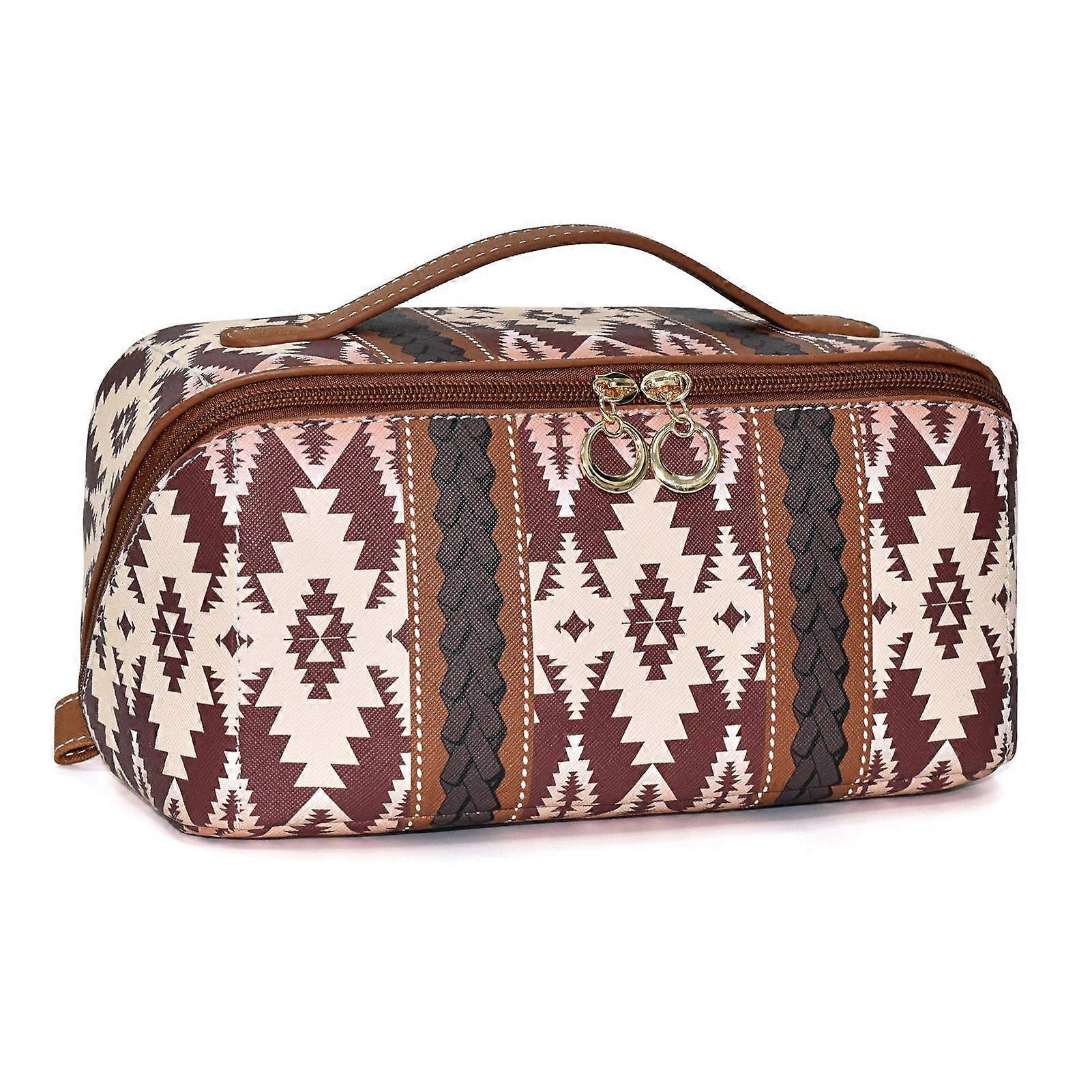 Cosmetic Handbag Makeup Organizer, Travel Toiletry Zipper Pouch for Women, Vintage Bohemian PU Leather Purse with Handle