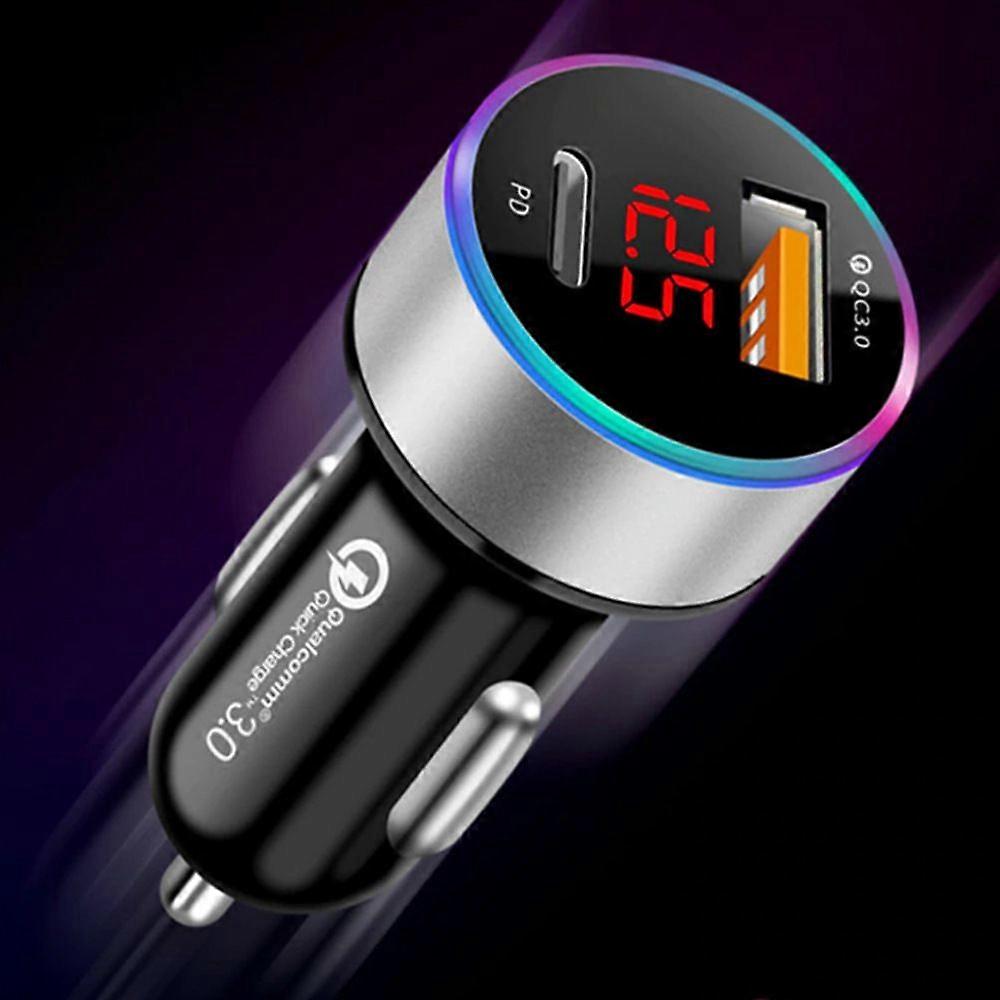 QC3.0+PD Fast Charge Dual USB LED Digital Display Light Car Charger-Silver (One Set)