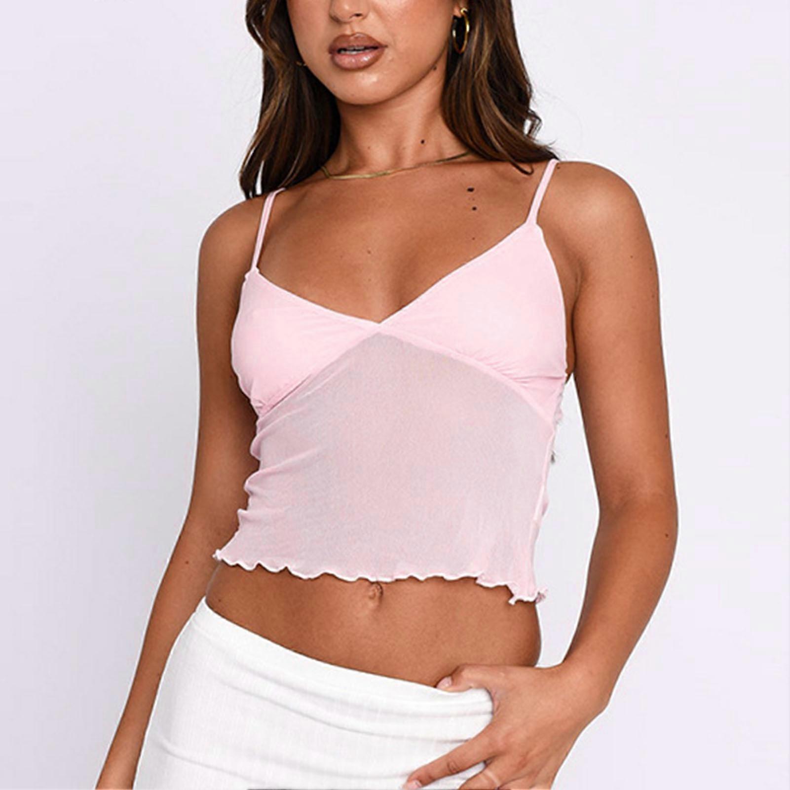 Sleeveless Strap Top Short Style Ruffle Pure Color Transparent Back Charming for Shopping Beach Pink M