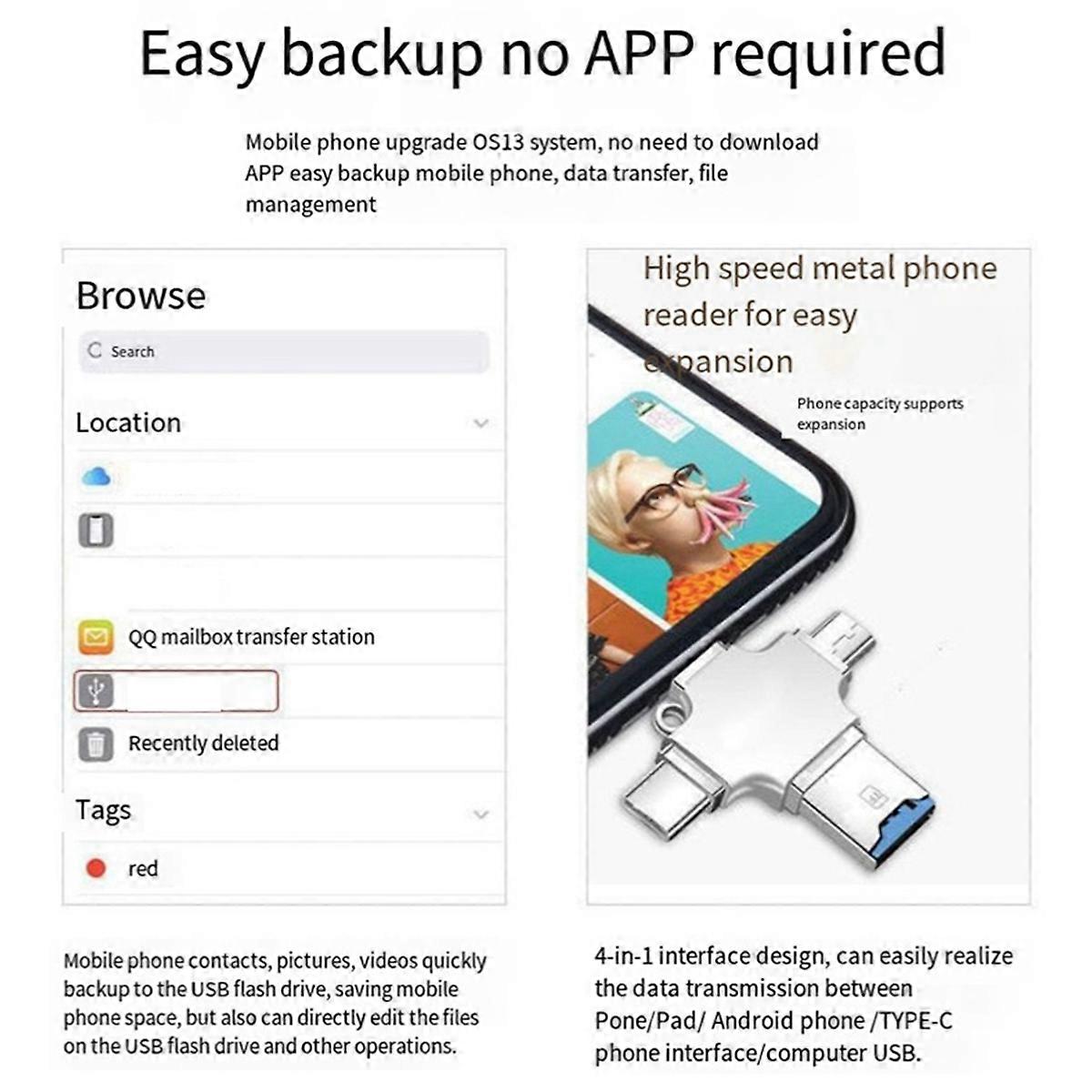4IN1 Memory Card Reader for iPhone Laptop PC Type-C OTG Adapter