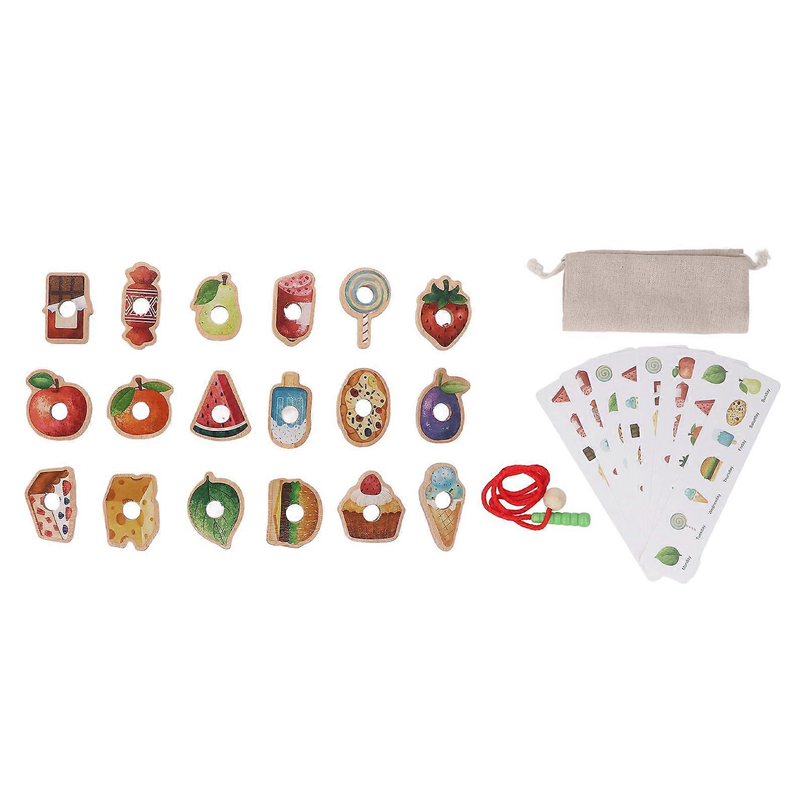 Wooden Threading Fine Motor Skills Early Learning Food Fruit Shape Blocks Lacing Toy for Toddlers