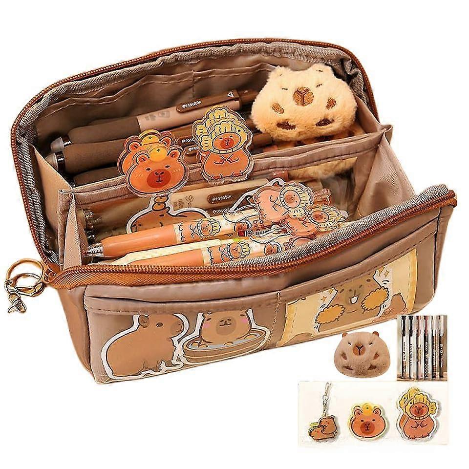 Capybara Bear Pen Case 10-Layer Flip Canvas Brown Pencil Case With Pens Pendant Capybara Badge Clips Pencil Holder