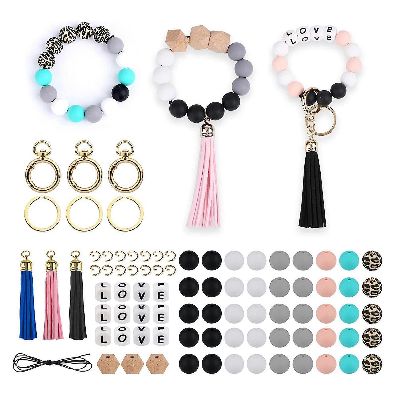 84PCS Silicone Beads Making Kits Keychain Accessories Bead with Elastic Rope Beaded Tassels Bead DIY Keychains Materials Multicolor
