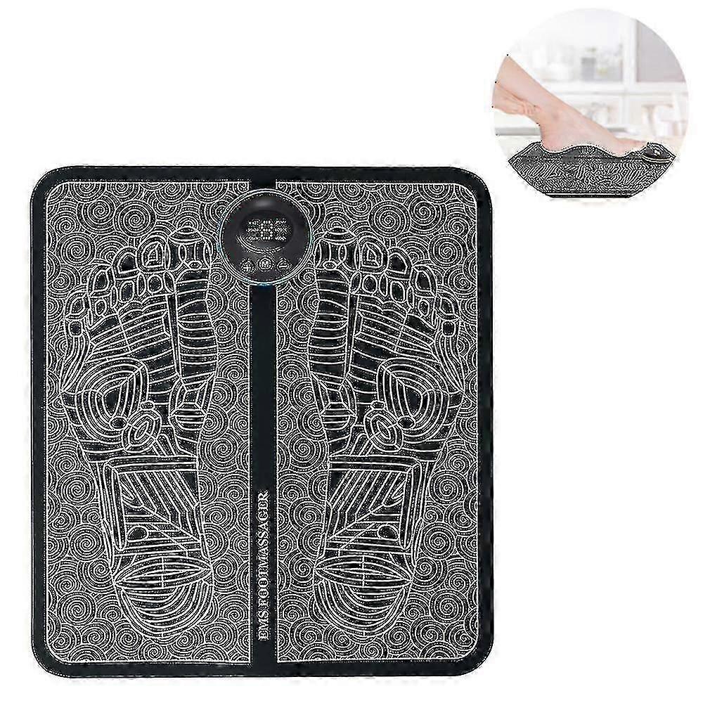 EMSフットクッション付き電動フットマッサージャー - 6パルスモード、8強度レベル、生体電気マッサージ - USB充電式、折りたたみ式ポータブルマット