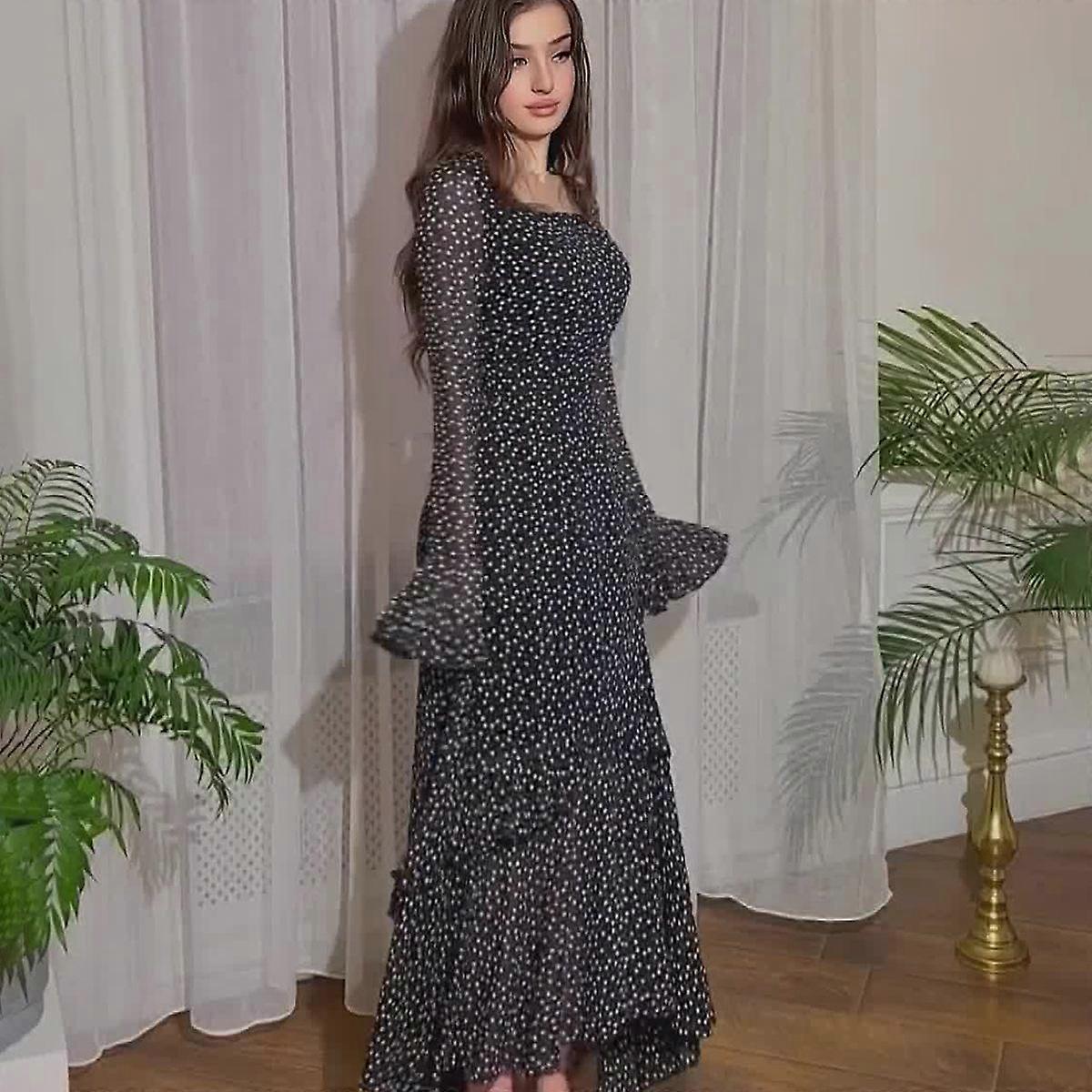 Chiffon Polka Dot Ruffle Sleeve Long Patchwork Irregular Dress
