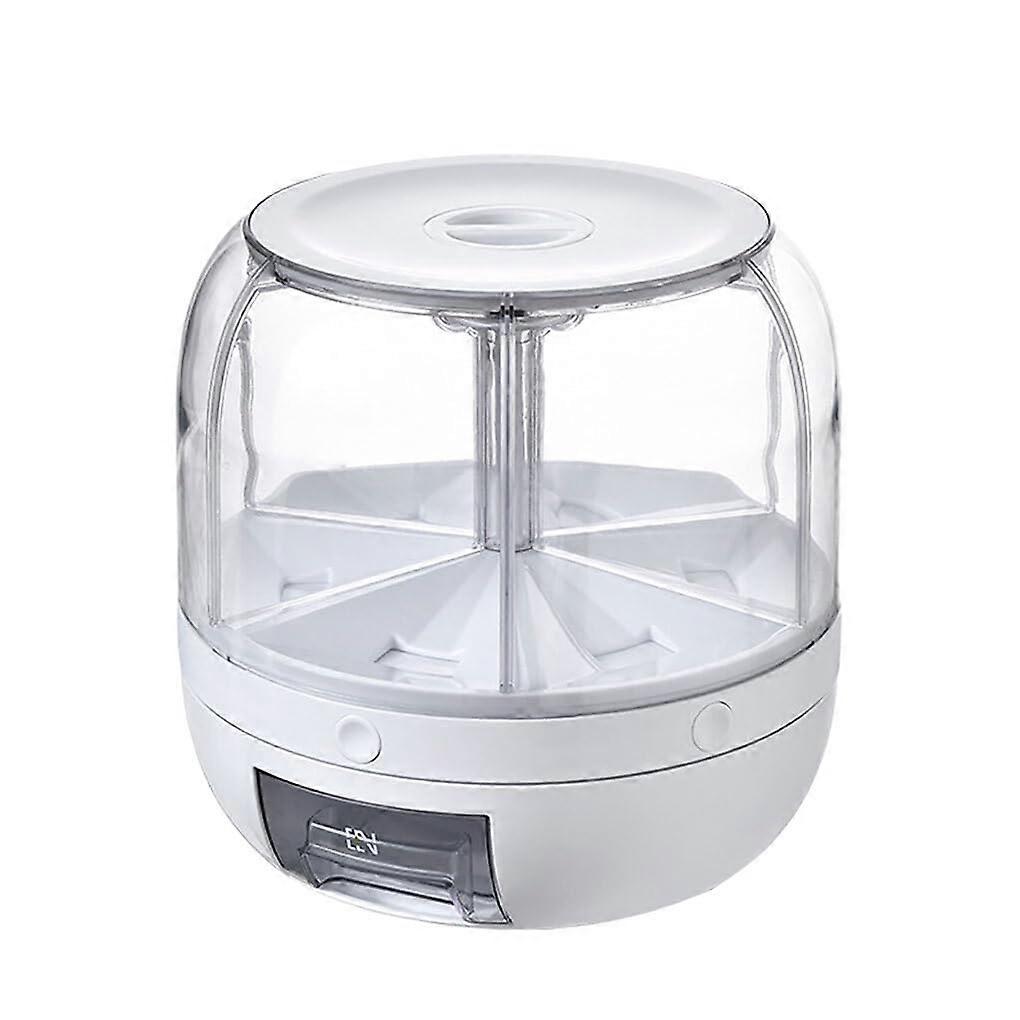 Maintain freshness with a sealed lid and 6 compartments for storing different grains. Easy access and dispensing made of transparent ABS, white.