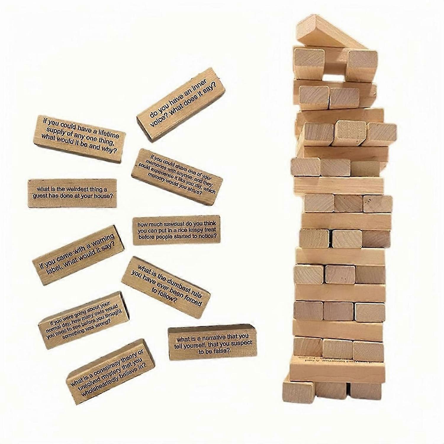 Questions Tumbling Tower Game, 54 Pieces Questions Tumblin' Tower Game, Wooden Board Stacking Game