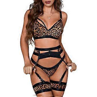 Garter Lingerie for Women,Sexy Lace Lingerie,Sheer Matching 4 Piece Lingerie Set Leopard