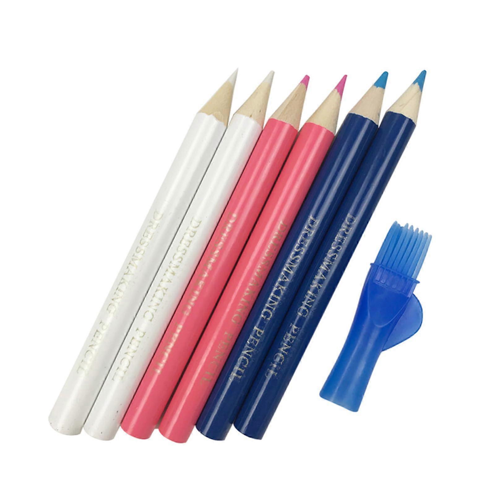 Sewing Fabric Pencils Set of 6 - Wooden Tailor Marking Pencils with Brush for Fabric Chalk and Tracing Tools