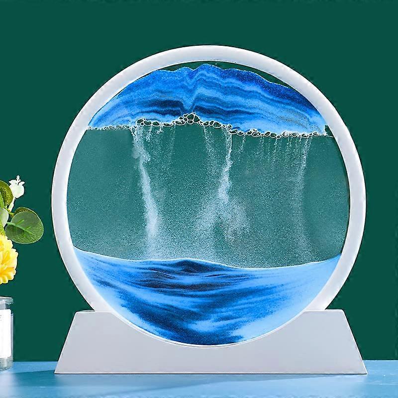 Sand Frame Movable Sand Art Picture Round Glass 3D Deep Sea Flowing Sand in Motion Display, White Frame, 12-Inch Blue