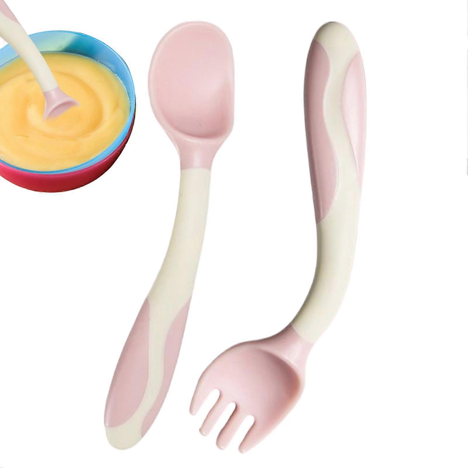 Baby Fork and Spoon Set Bendable Training Spoon and Fork | Ergonomic Grip Learning Flatware for Kids Pink