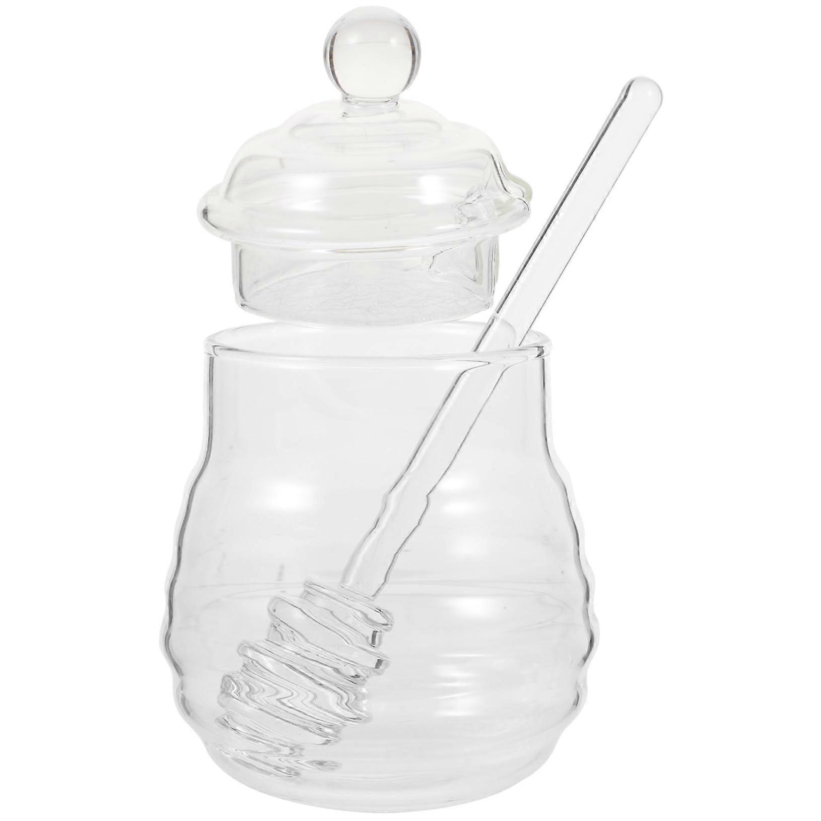 Honey Pot With Dipper And Lid, Borosilicate Glass, Spiral Design, For Kitchen Use, Clear