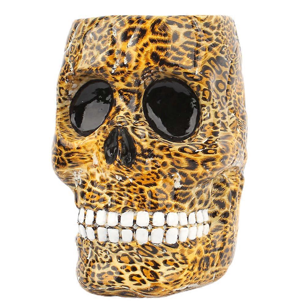 Unique Skull Head Shape Pen Holder Suitable For Party Decoration Or Office Use In Leopard Color 1Set