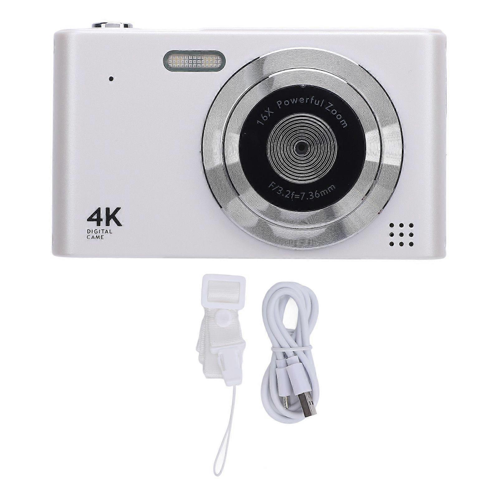 Digital Camera 16x Zoom 4K 48MP 2.4 Inch IPS Screen Anti Shake Video Recording Compact Digital Camera for Travel with Flash White