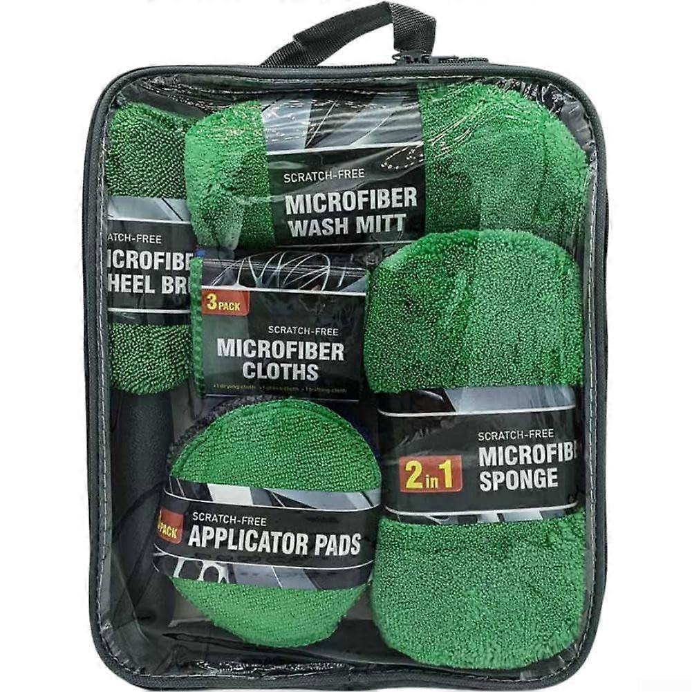 Car Cleaning Essentials 9Piece Set With Microfiber Mitt, Polishing Pads, Tire Brush For All Vehicle Types Gray