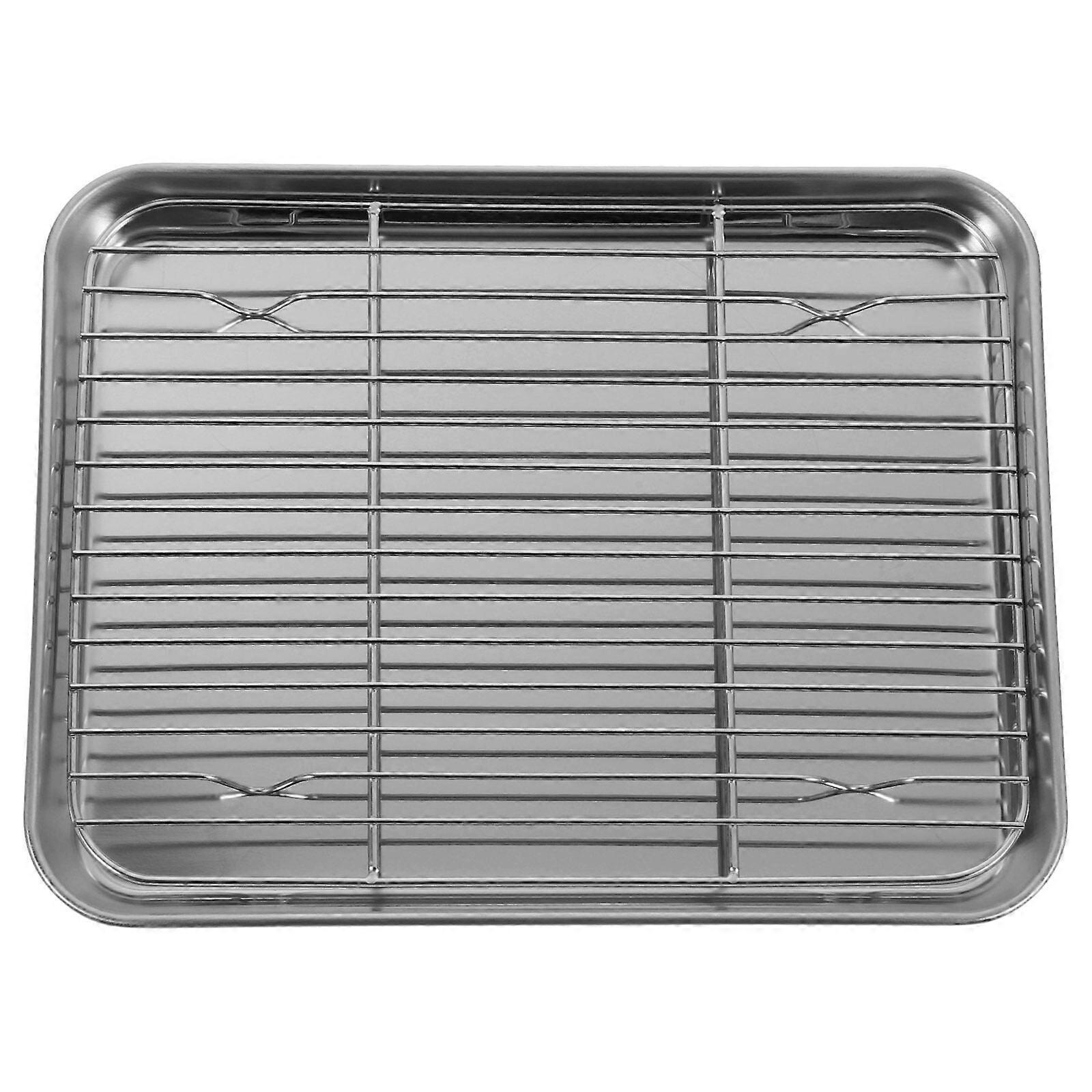 2 Pieces/Set Rectangular Baking Tray Stainless Steel Baking Pan Sheet with Removable Cooling Rack - 26x20x2.5cm