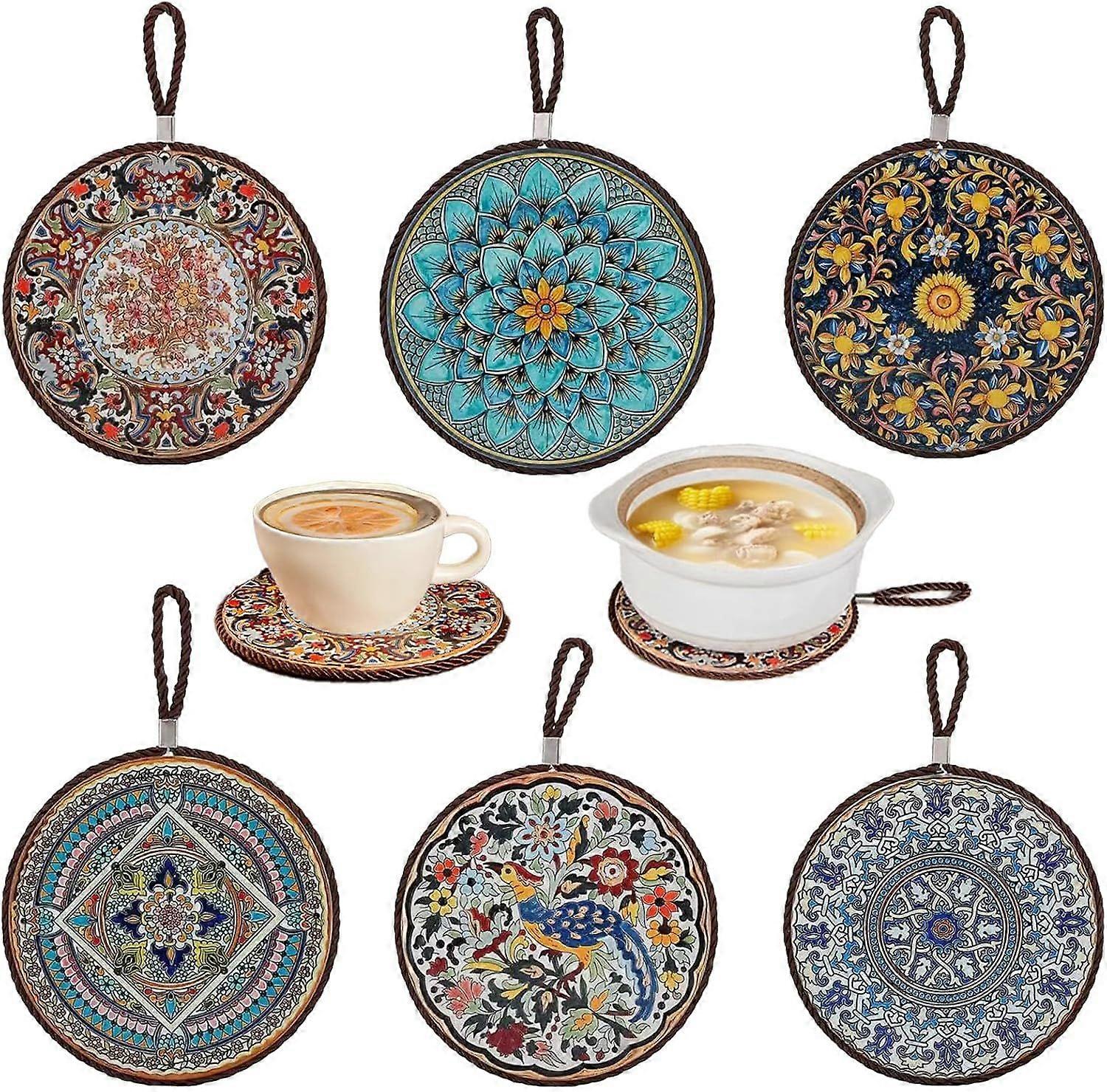 Set of 6 Vintage Round Ceramic Placemats - Cork Base, Heat - Resistant & Non - Slip Mats for Coasters Soup Pot Bowl Teapot & Table Decor