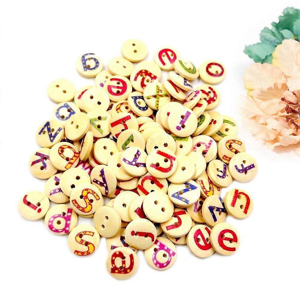 100 Pcs 15MM 26 Letters Two-hole Round Natural Color Mixed Wooden Buttons