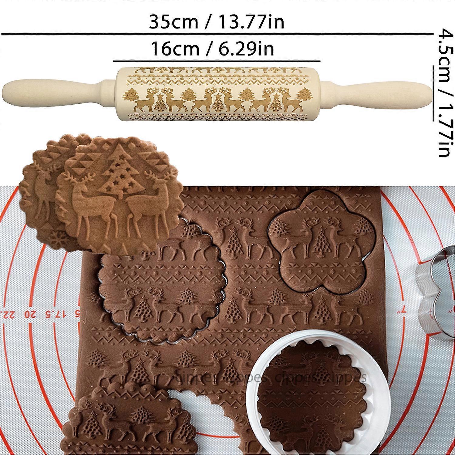 Wooden Rolling Pin for Christmas 3D DIY Engraved Embossing Rolling Pins with Xmas Reindeer Flower Pattern for Baking Cookies