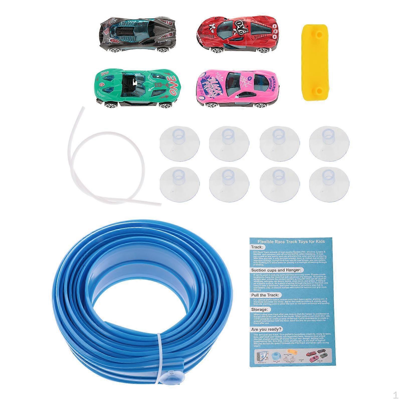 15 ft Bendable Racetrack with 4 Alloy Cars Kit Strong Suction Cups Multifunctional for Powered Race