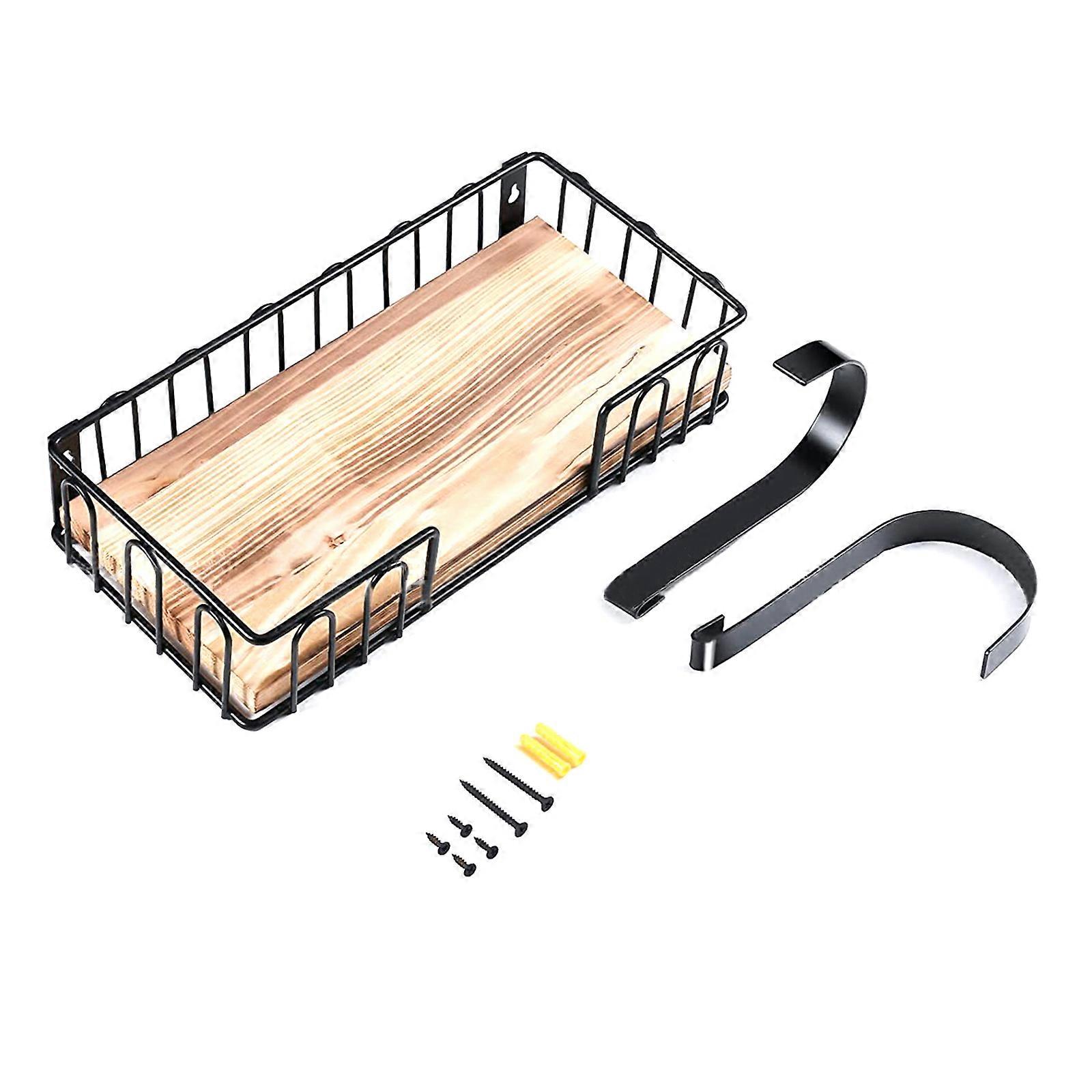 Ironing Board Storage Rack Wall Mount with Wood Base Metal Iron Holder with Basket & Adjustment Hook Simple Installs Multicolor