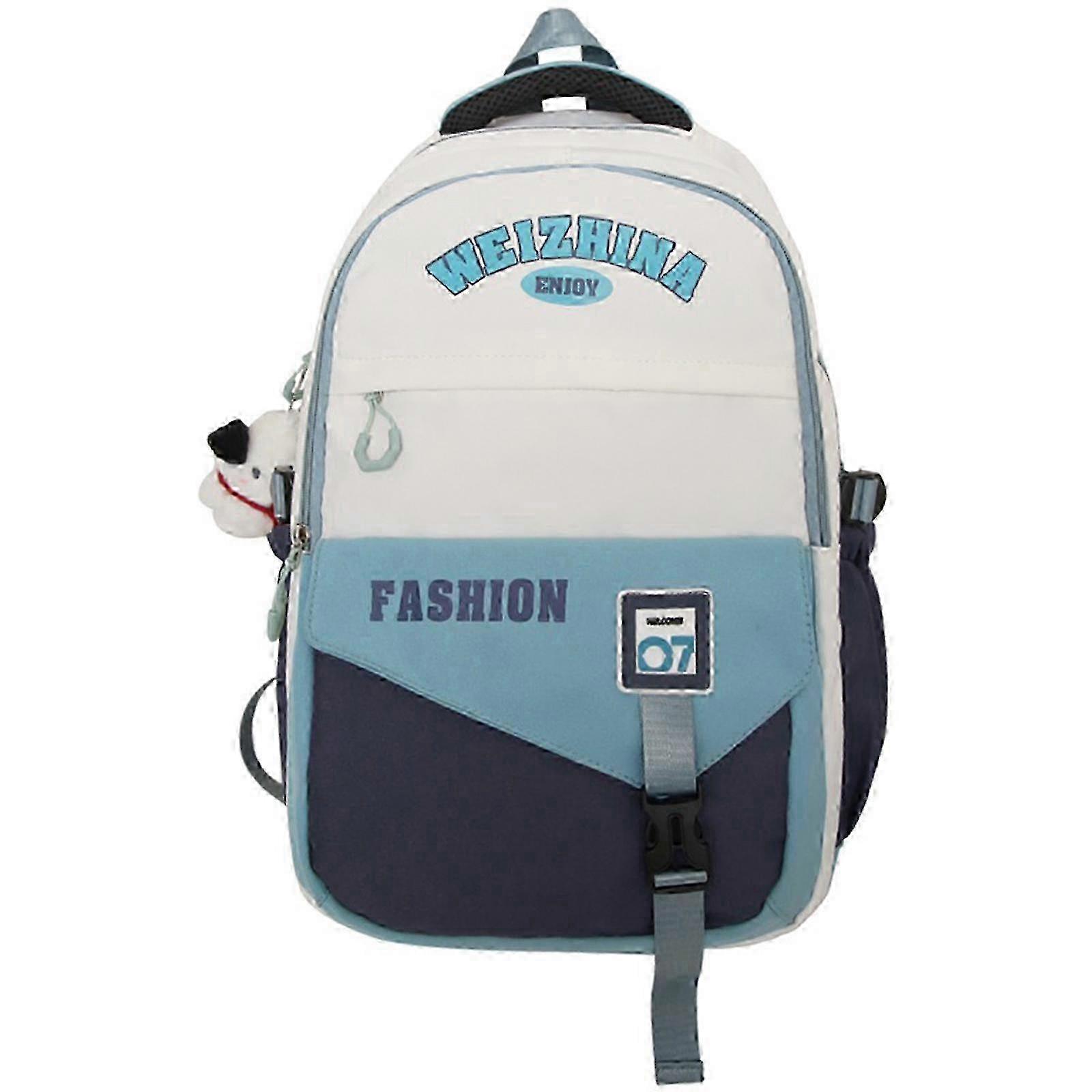 Water Resistant Contrast Color Backpack Multifunctional Large Capacity Student Zippered Book Bag for School and Travel white blue