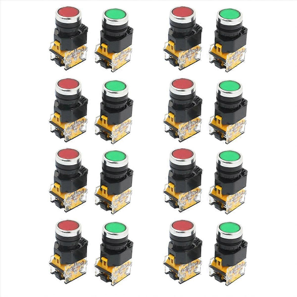 16Pcs 22mm Mount 10A 380V DPST Red Green Momentary Push Button Switch