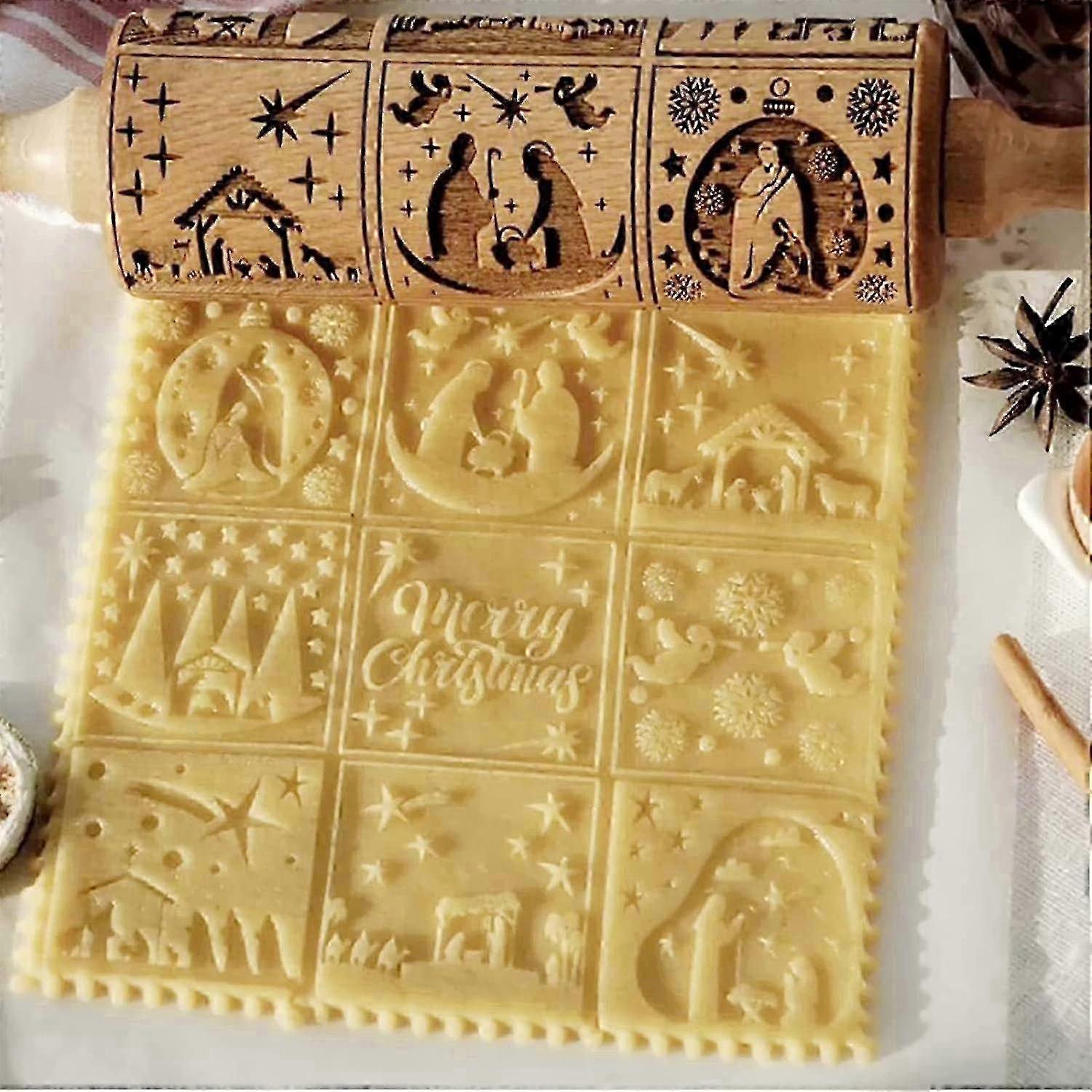 Wooden Rolling Pins for Christmas, 3D Wooden Rolling Pin, with 9 Different Scenes for Baking Embossed Cookies, Engraved Rolling Pins for Baking