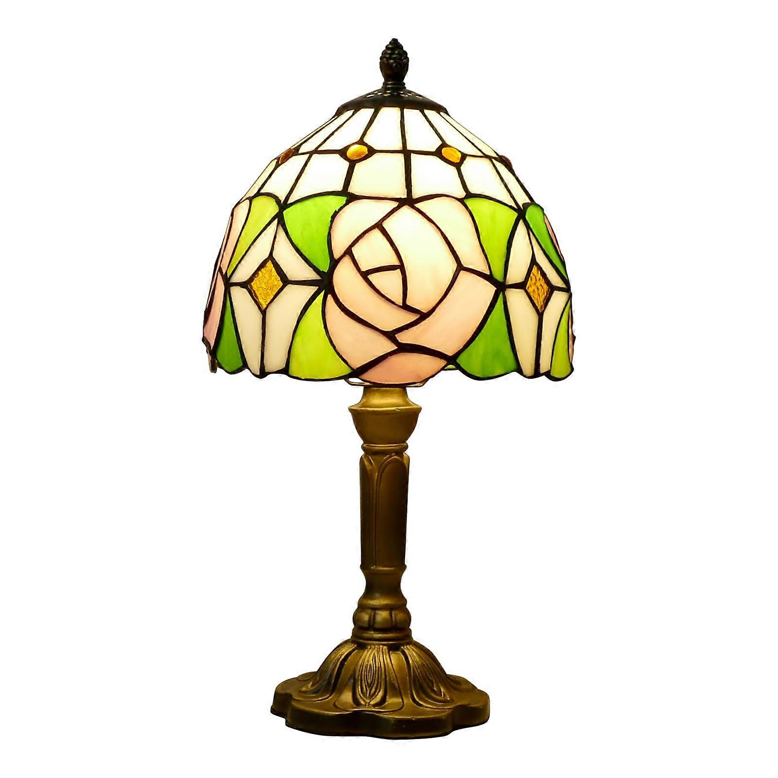 Pink Rose Table Lamp Handmade Stained Glass with LED for Bedroom or Desk 8'x14'