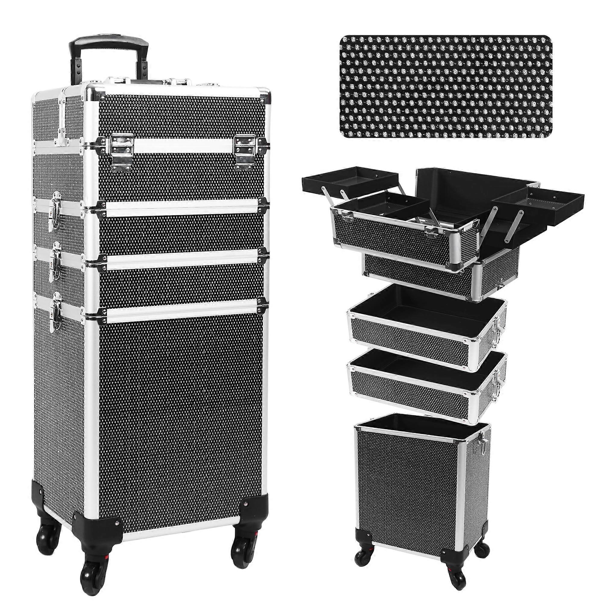 Rolling Makeup Train Case 5in1 Lockable Cosmetic Trolley with Wheels Crystal Finish Black