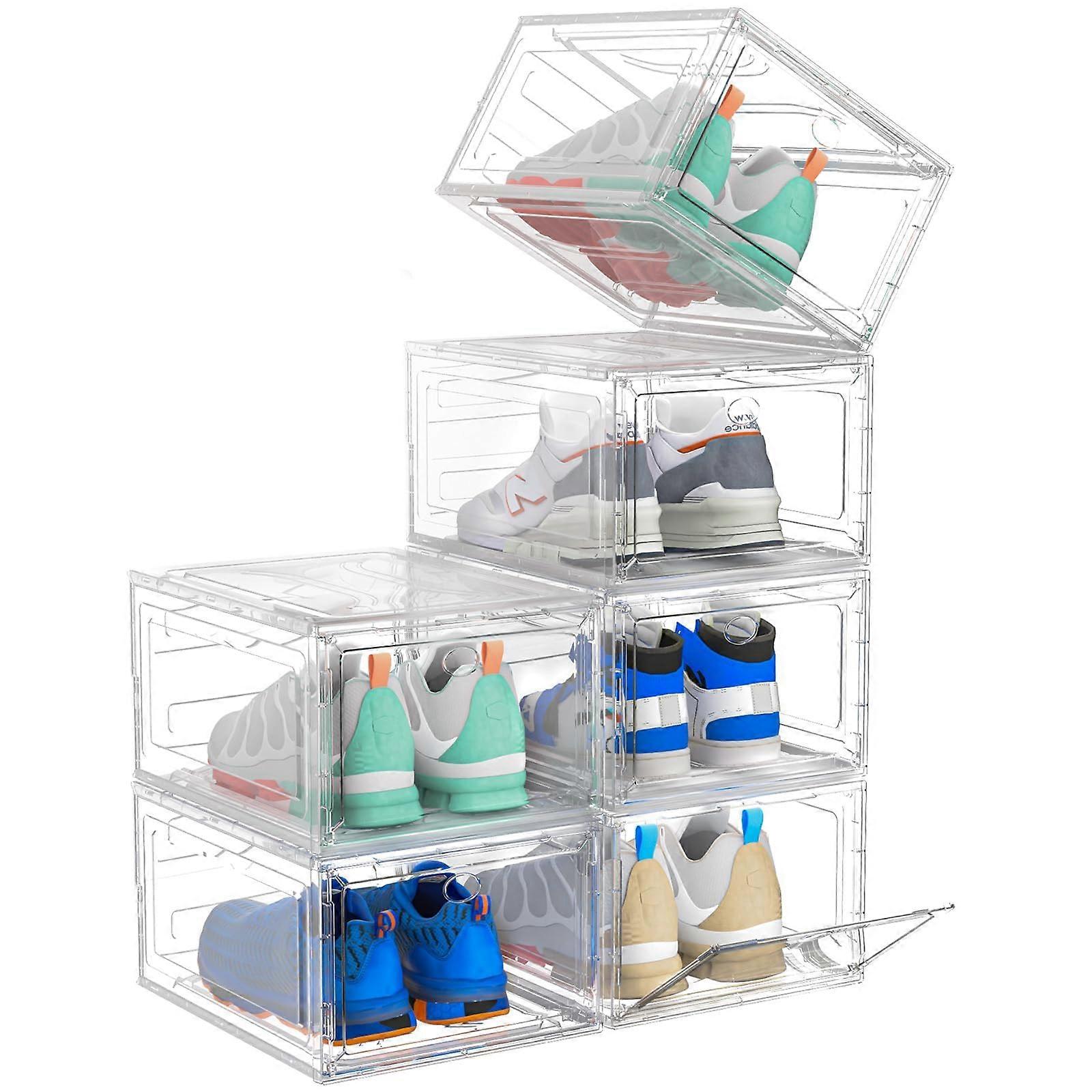 Clear Stackable Shoe Storage Boxes with Magnetic Front Door, Large Sneaker Organizer 6 Pack White