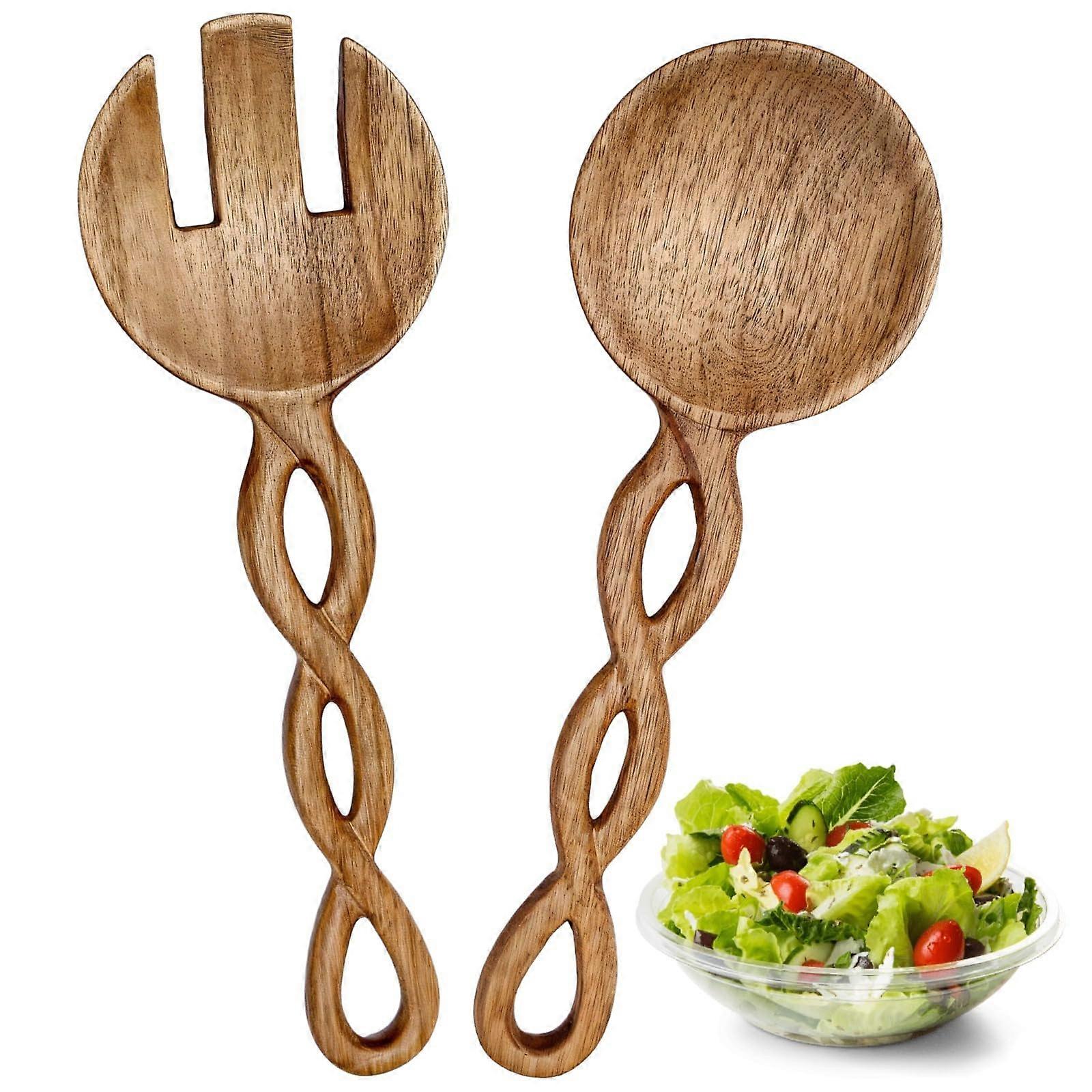 Acacia Wood Salad Tongs Set with Spoon and Fork, Ergonomic Grip, Durable Rustic Serving Utensils