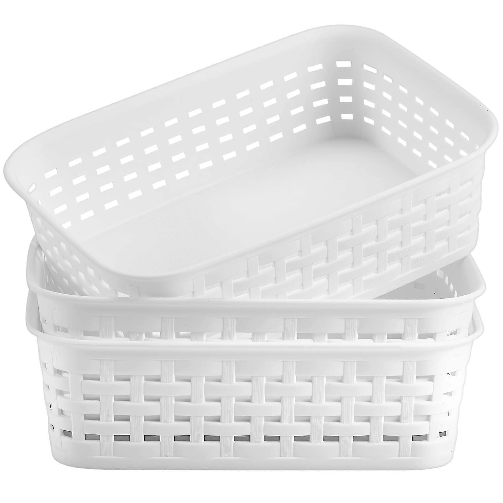 Set of 3 White Plastic Storage Baskets, Stackable Organizer Bins for Cabinets, Shelves and Kitchen